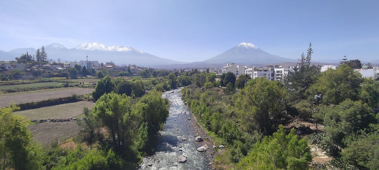 El Misti and Chachani volcanoes rising over Arequipa and the Rio Chili valley