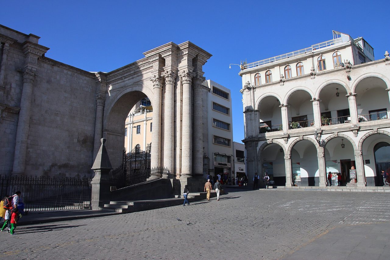 The Plaza de Armas of Arequipa with its white sillar cathedral and arcades