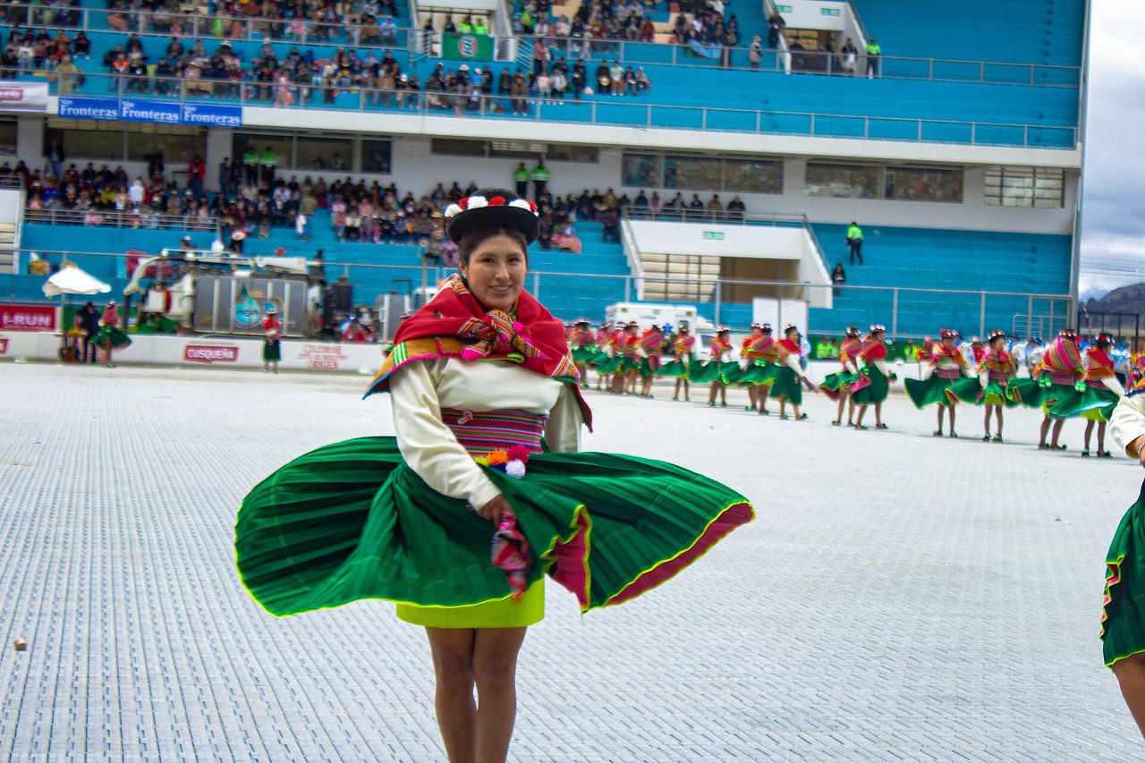 Dancers in costume at the Virgen de la Candelaria festival in Puno