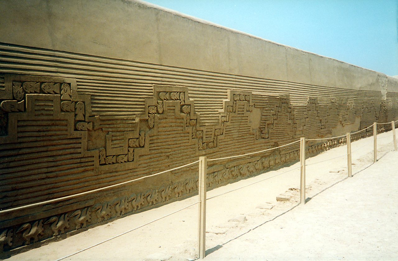 Carved adobe walls of Chan Chan, the Chimu capital near Trujillo