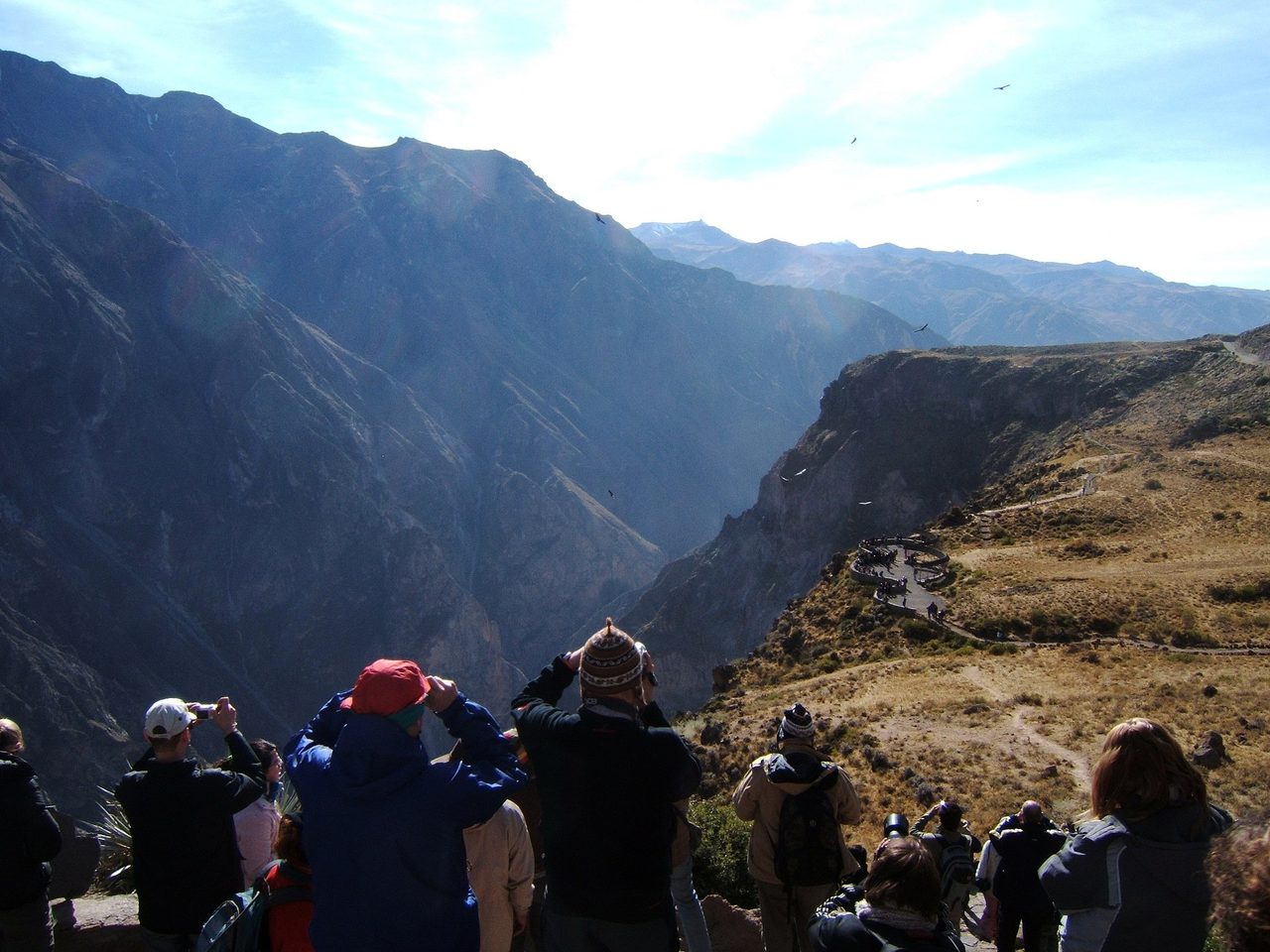 Visitors at the Cruz del Condor viewpoint looking into the Colca Canyon