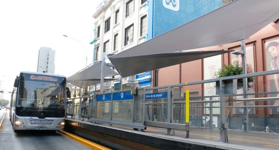 The red Metropolitano bus rapid transit corridor in Lima, Peru