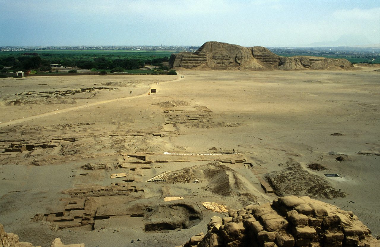 The adobe mass of Huaca del Sol in the Moche valley near Trujillo