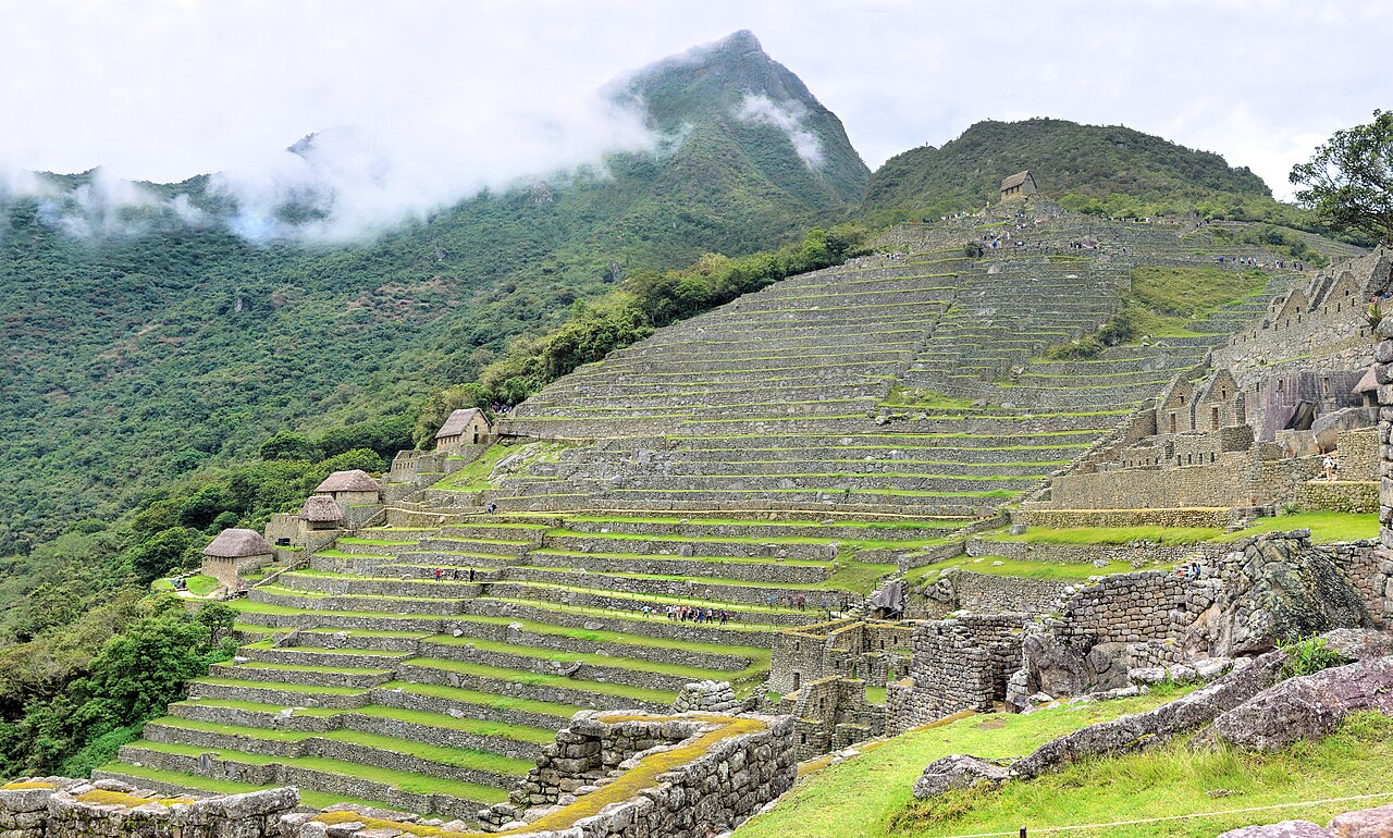 The steep agricultural terraces the Inca engineered into the mountainside at Machu Picchu