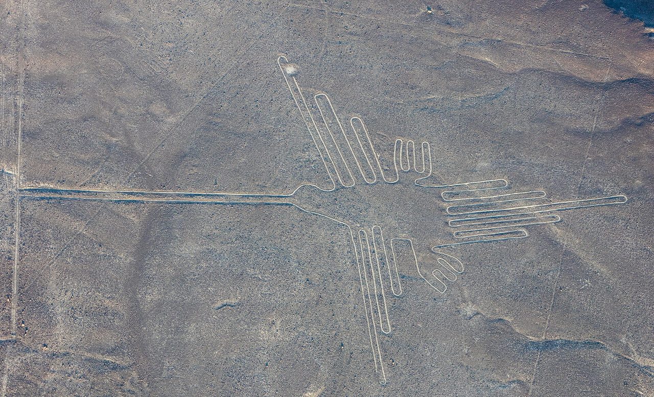 Aerial view of the hummingbird geoglyph at the Nazca Lines, Peru