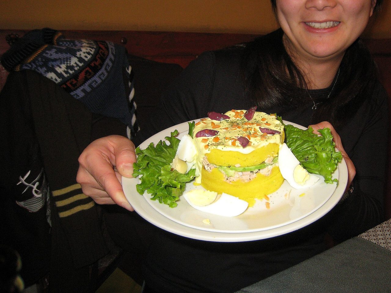 Causa limeña, layered Peruvian yellow potato terrine with a filling