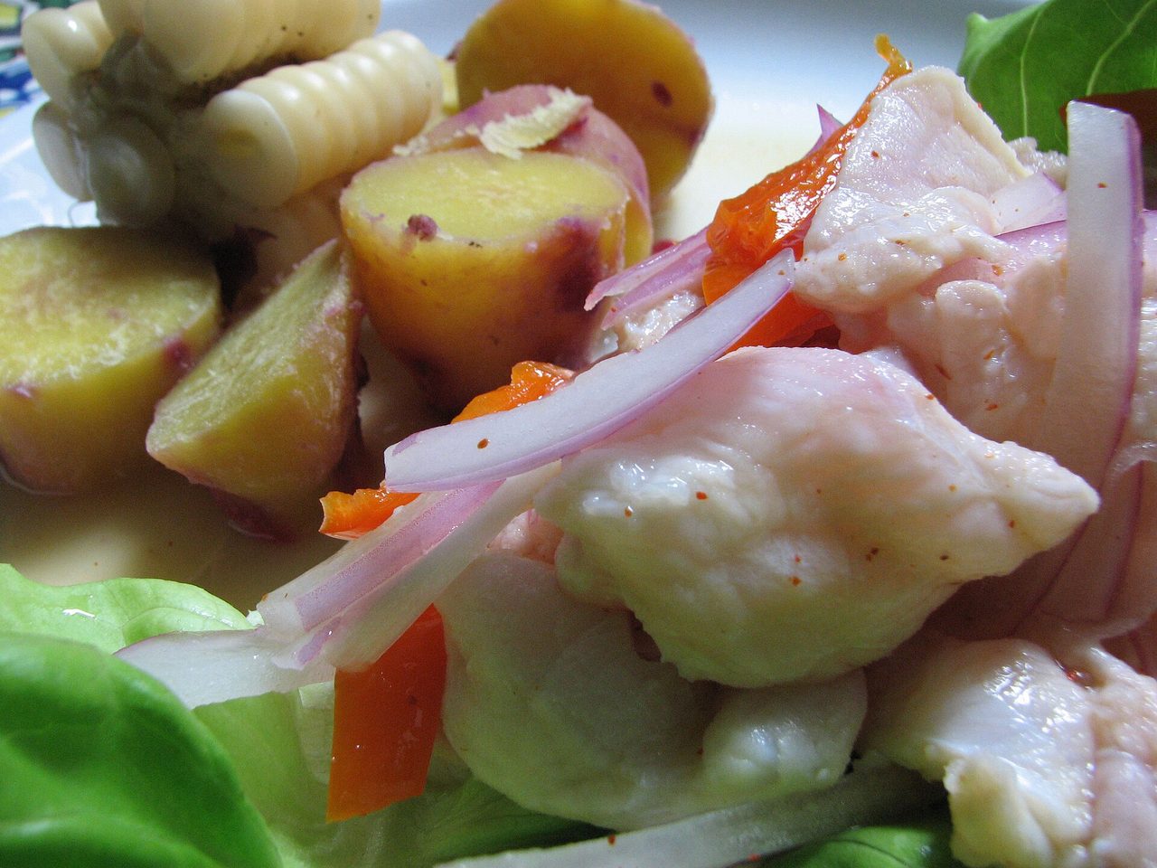 Peruvian ceviche with fresh white fish, red onion, sweet potato and choclo corn, Peru's national dish
