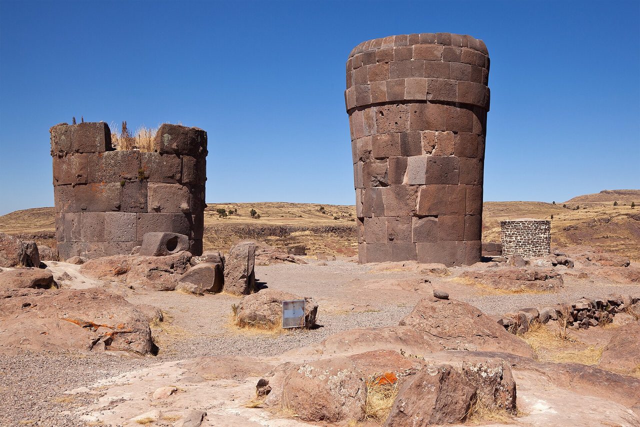 Pre-Inca chullpa funerary towers at Sillustani near Puno