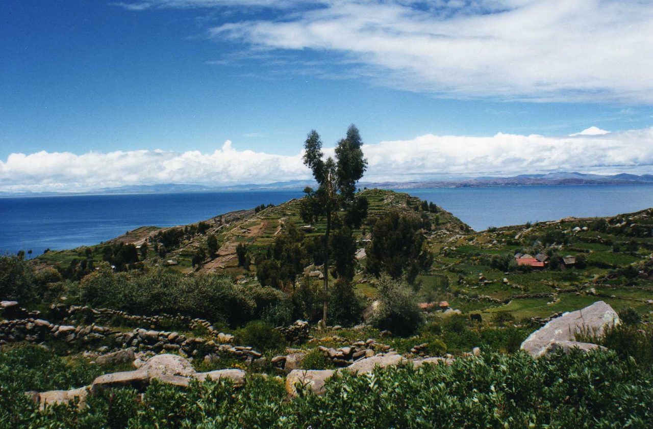 Terraced hillsides and lake views on Taquile Island, Lake Titicaca