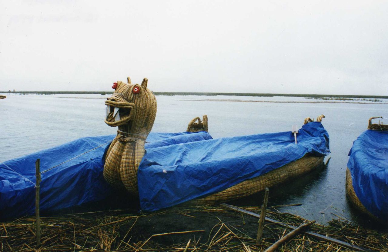 Traditional totora reed boat of the Uros people on Lake Titicaca