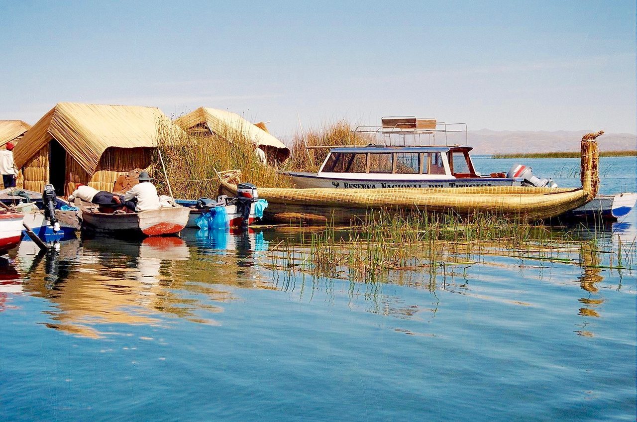Uros floating reed islands on Lake Titicaca near Puno, Peru