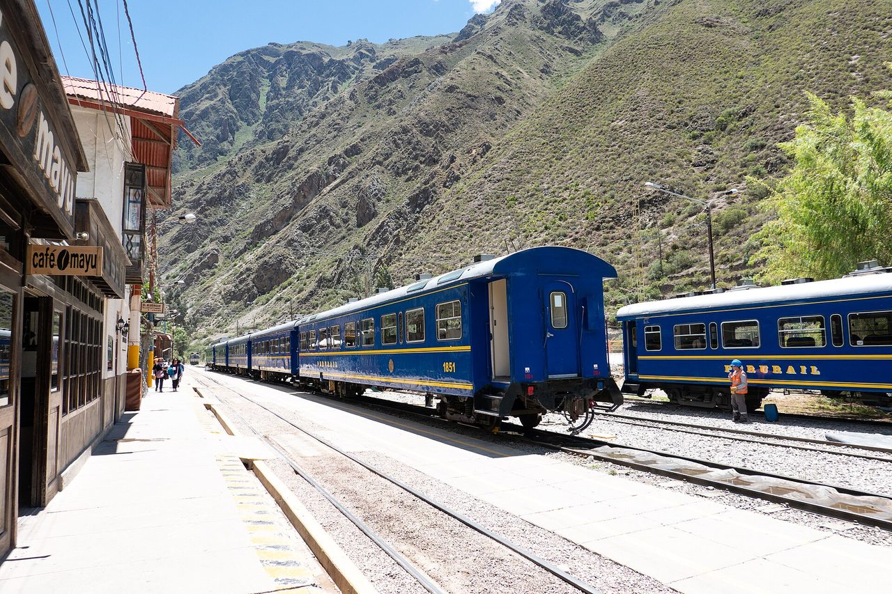 Trains waiting at Ollantaytambo station in the Sacred Valley