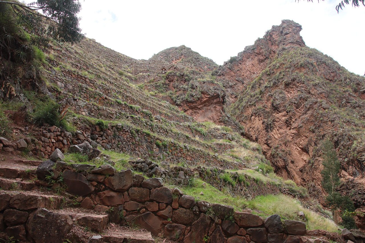 Stepped Inca agricultural terraces above Pisac in the Sacred Valley