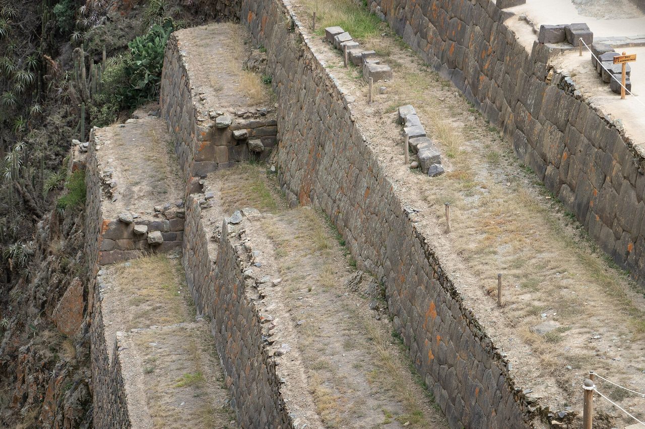 Stone-walled Inca agricultural terraces at Ollantaytambo in the Sacred Valley, seen from above