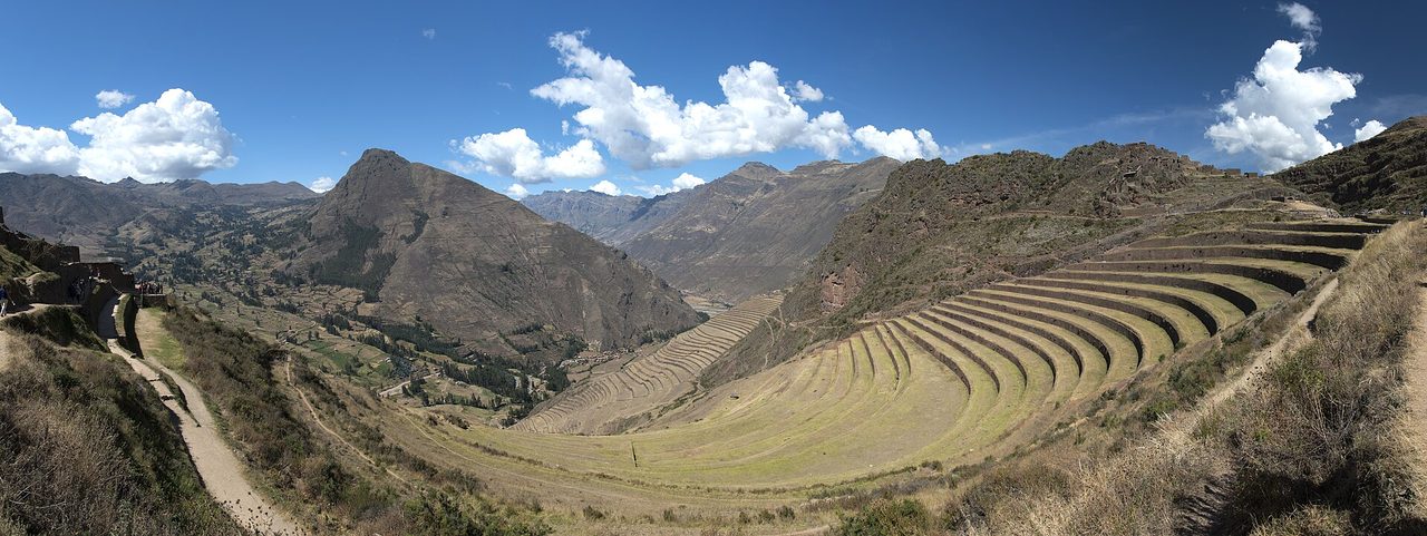 Inca agricultural terraces cut into the hillside at Pisac in the Sacred Valley