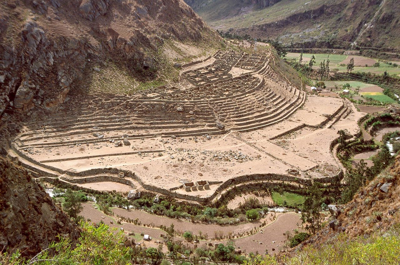 The terraced Inca settlement of Patallacta seen from the trail above the Urubamba river near Kilometre 82