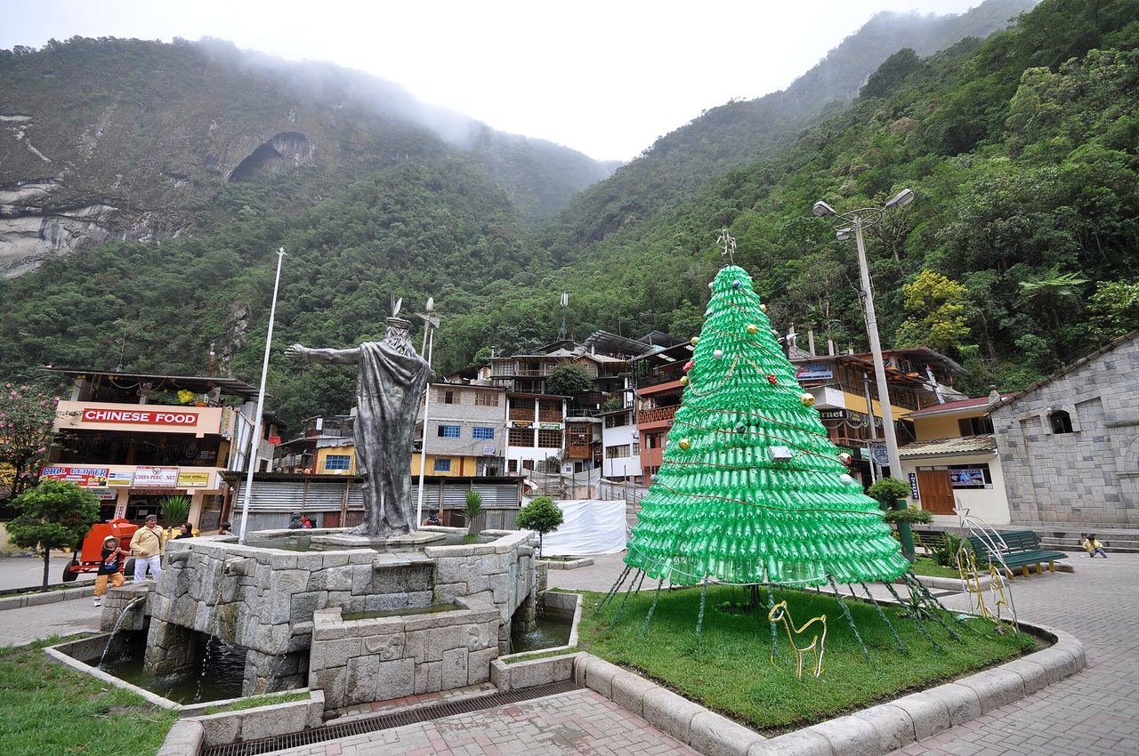 The main square of Aguas Calientes, the town below Machu Picchu where most visitors spend the night