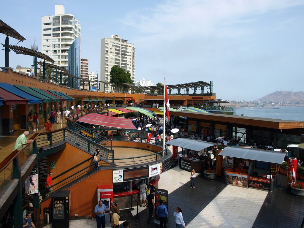 The open terraces of the Larcomar centre built into the Miraflores cliff above the Pacific