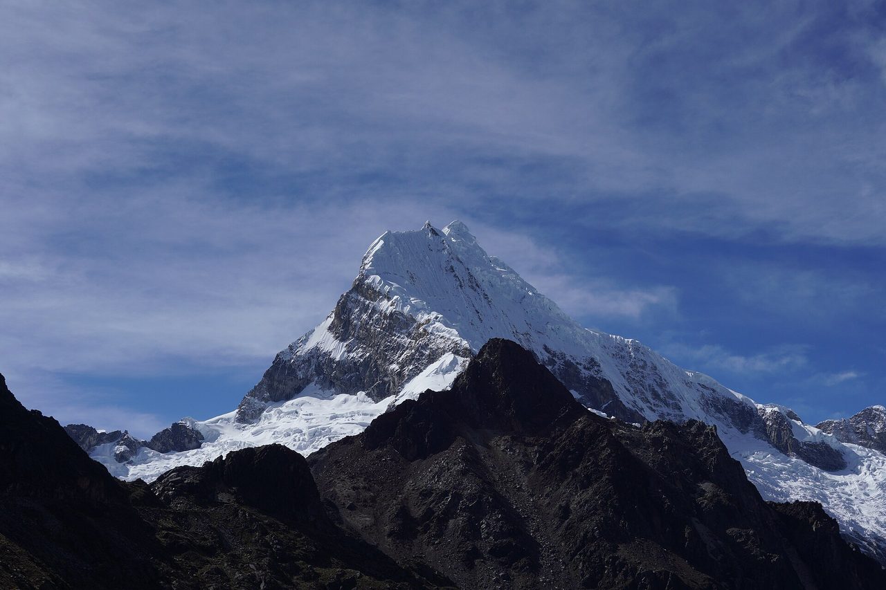 Snow-capped peaks of the Cordillera Blanca above a high valley near Huaraz, Peru