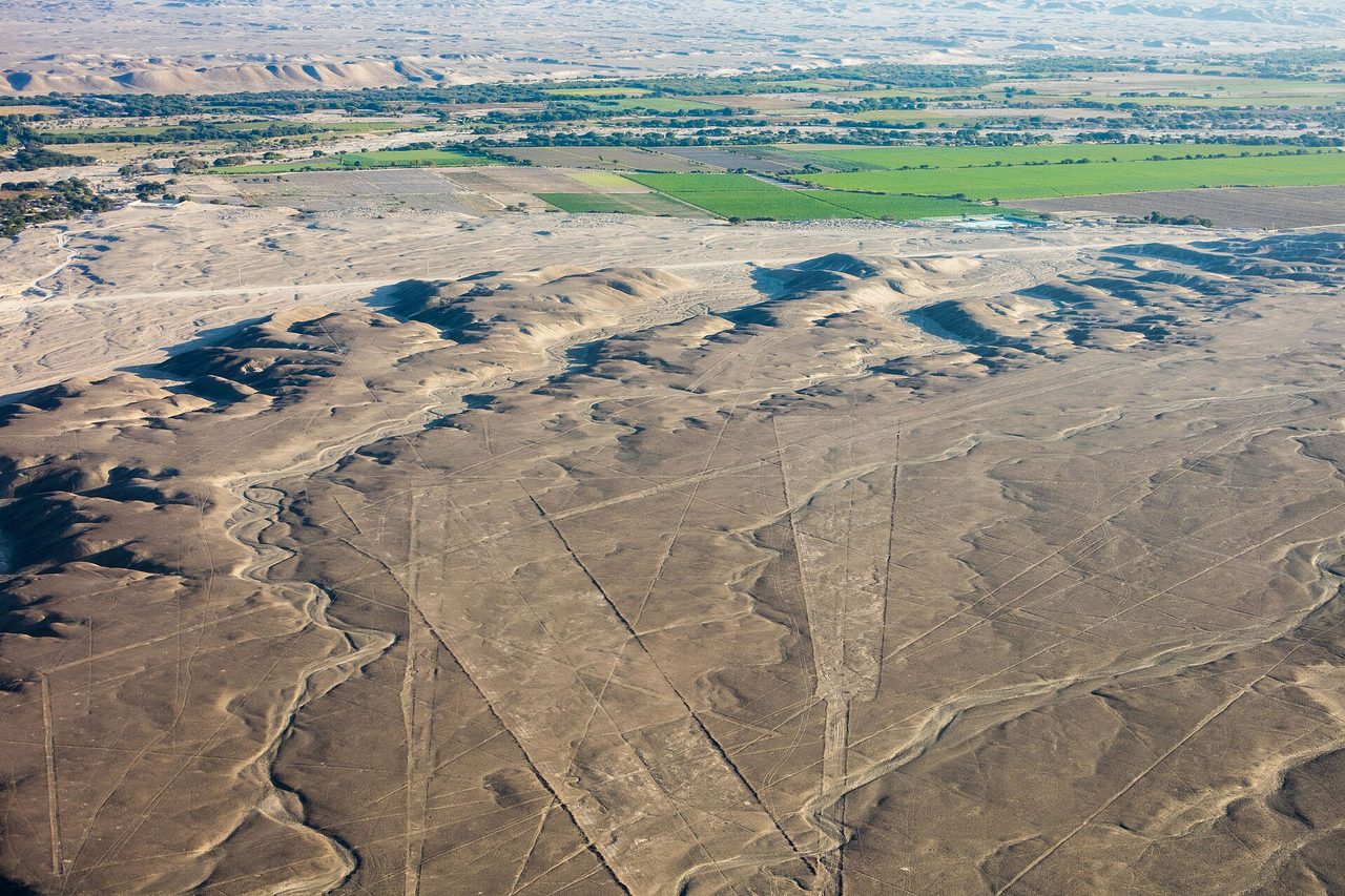 Straight lines and a wide trapezoid scored across the Nazca desert plain, photographed from a light aircraft, with irrigated fields beyond