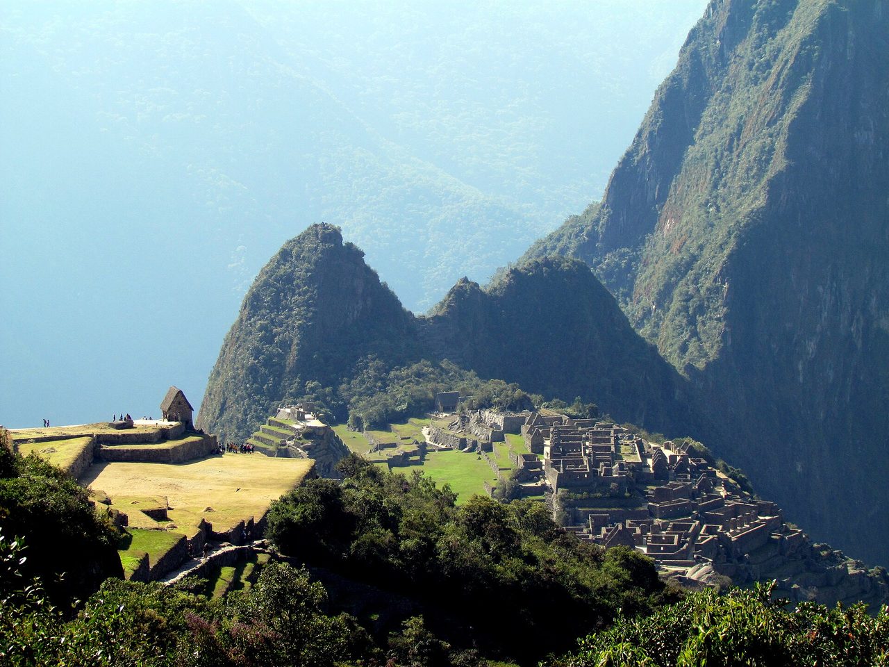 Machu Picchu seen from the Inca Trail above the citadel, on the descent from the Sun Gate