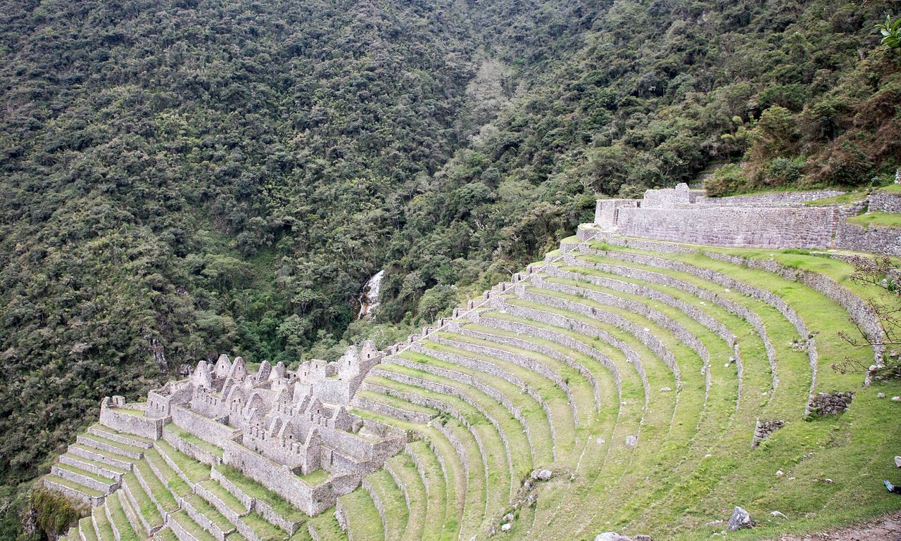 The curved agricultural terraces and stone buildings of Winay Wayna on a forested slope above the Urubamba gorge