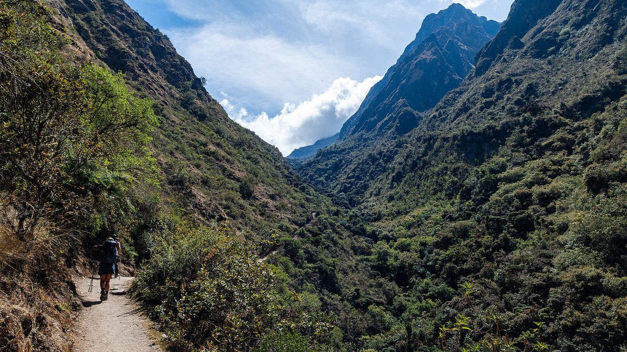 A lone hiker with trekking poles on the Inca Trail, the path contouring above a steep cloud-forest valley with rock peaks ahead