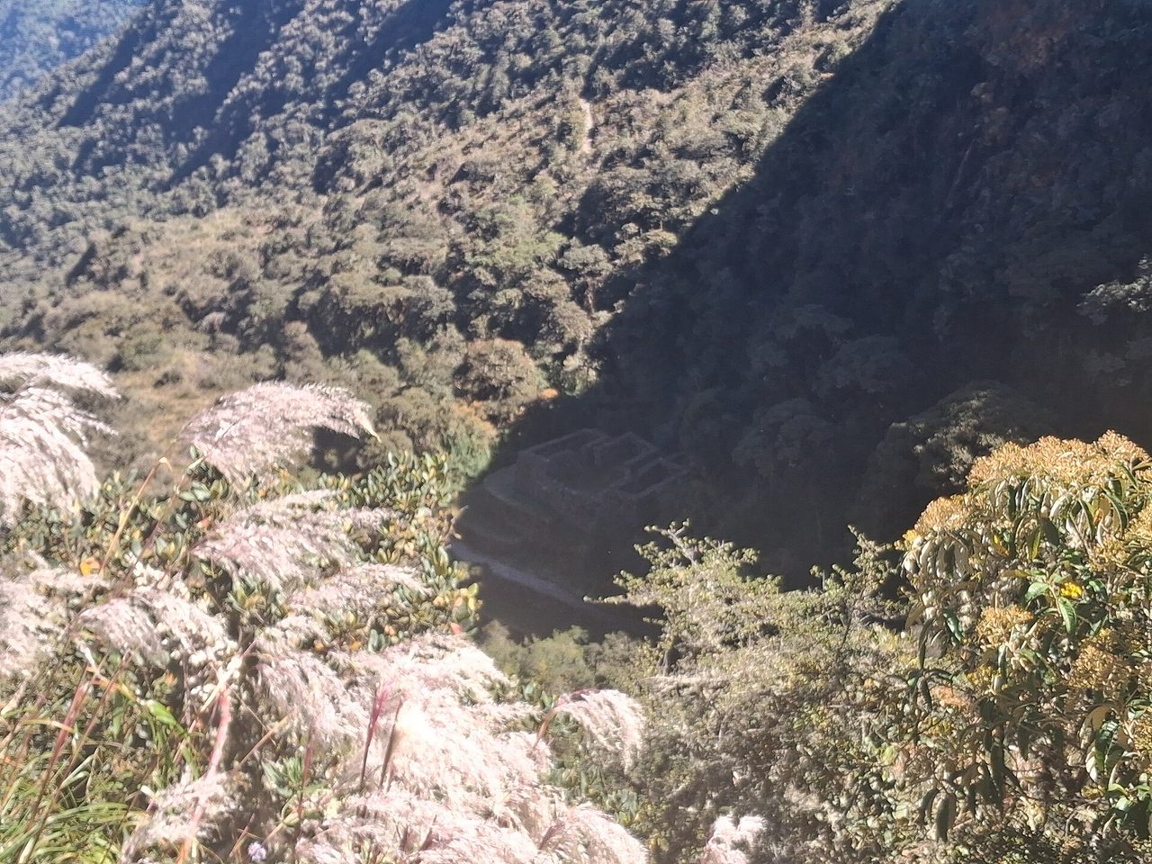 The stone ruin of Sayacmarca seen from the trail above, sitting on a shoulder of forested mountainside