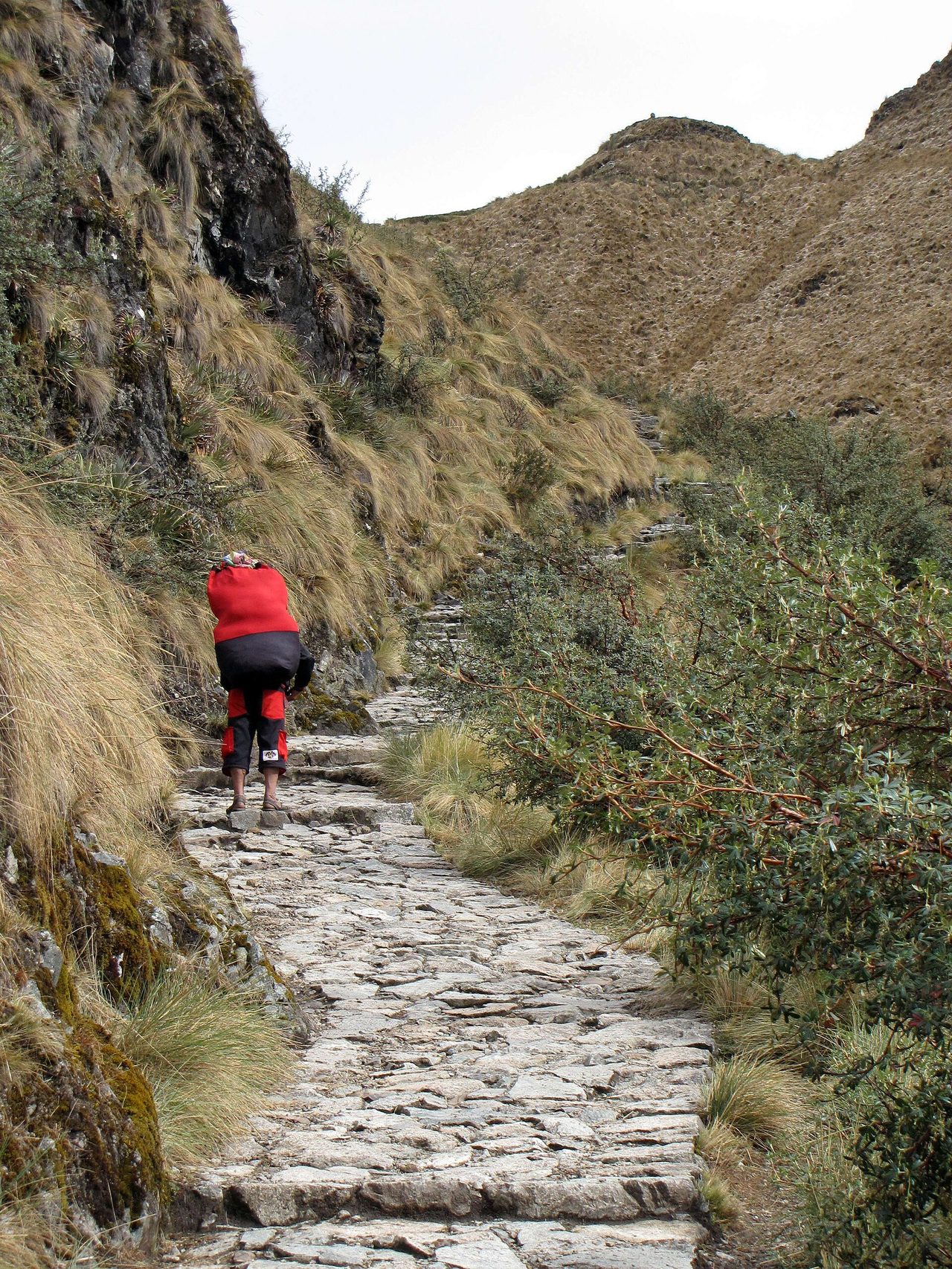 A porter in sandals carrying a bundled load up a stone section of the Inca Trail