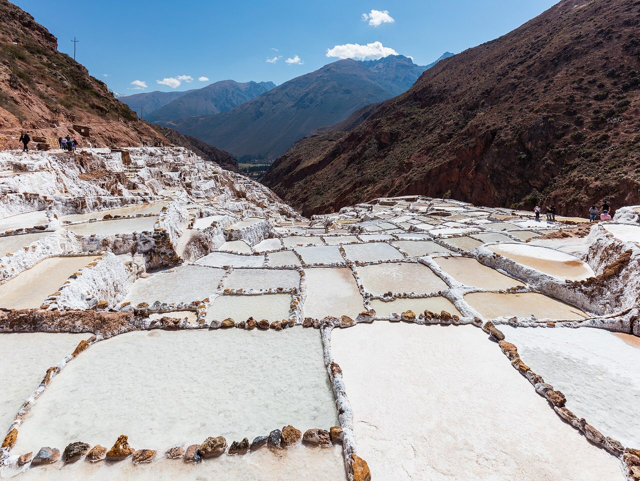 Hundreds of shallow salt evaporation pools packed across a hillside at the Salineras de Maras, with the ravine and snow-dusted Andes behind