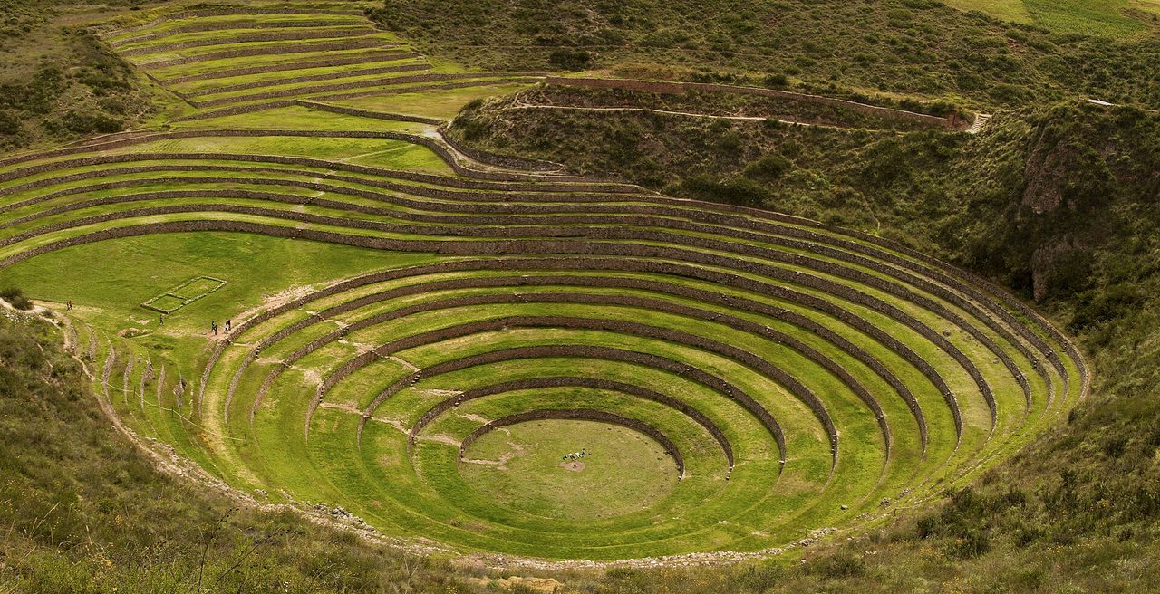 Concentric circular Inca agricultural terraces stepping down into a bowl-shaped depression at Moray, near Maras in the Cusco region