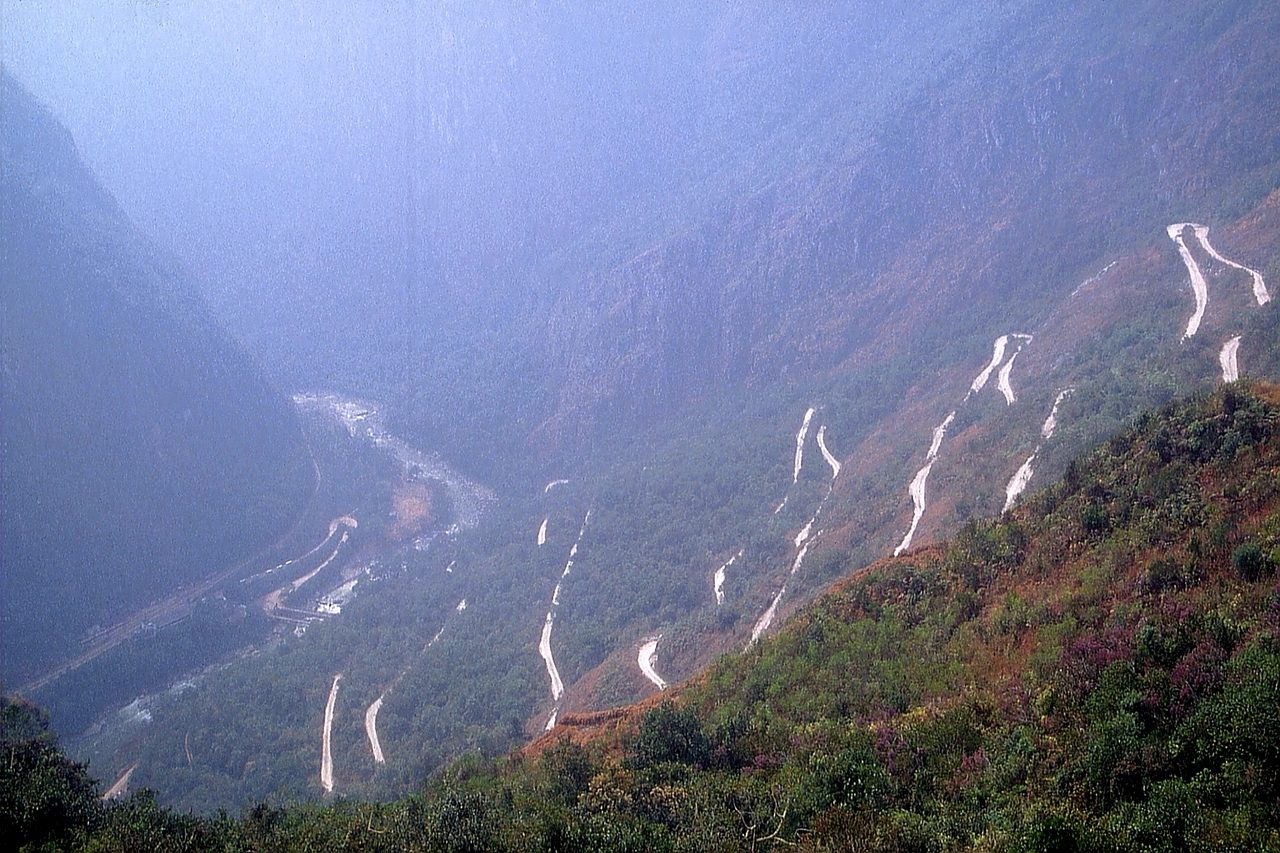 The zigzag switchbacks of the Hiram Bingham road climbing the mountainside above the Urubamba gorge